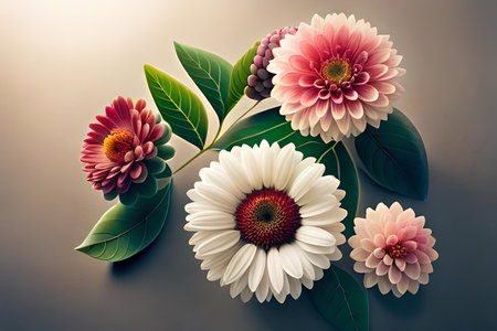 Flower composition with pink and white daisies on dark backgroundの素材