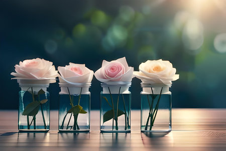 Three white roses in vase on wooden table with bokeh backgroundの素材