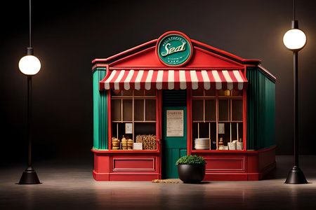 3D render of a classic coffee shop on a dark background.の素材