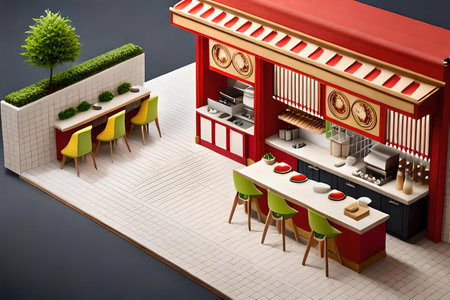 Restaurant isometric view with tables and chairs, 3d renderの素材