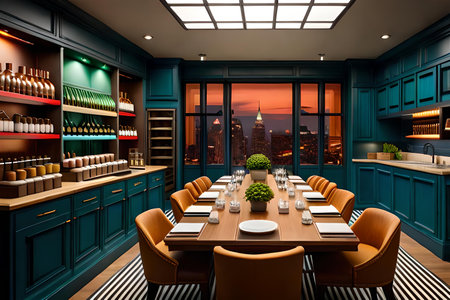 3d render of luxury restaurant interior design with beautiful city view.の素材