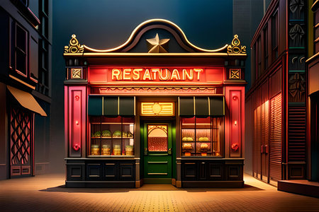 Restaurant on the street in the night. 3d renderingの素材