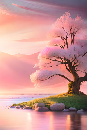 Beautiful cherry blossom tree on lake shore at sunset time.の素材