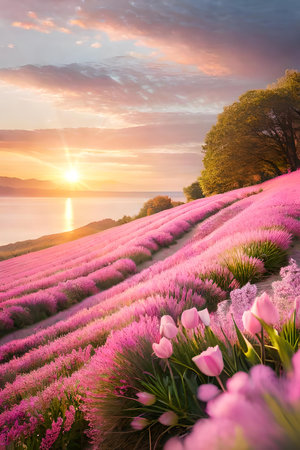 Beautiful sunrise over the lavender field. Tuscany, Italyの素材