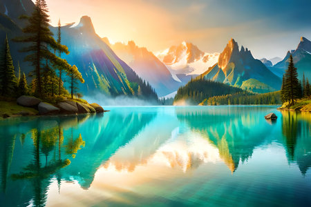 Fantastic summer landscape. Mountain lake with reflection in water.の素材