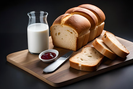 Fresh bread with milk on a wooden board on a black background.の素材