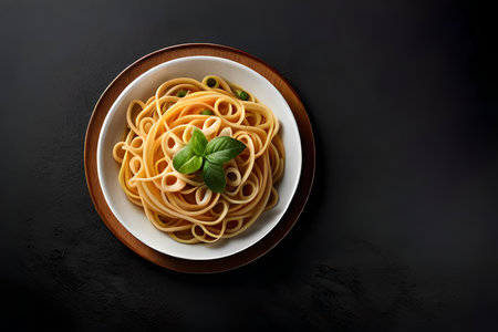 Spaghetti with green peas and basil in a plate on a dark backgroundの素材