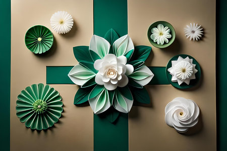 Paper flowers on green background. Flat lay, top view, copy spaceの素材