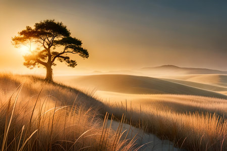 Beautiful sunrise over sand dunes with lonely tree in the foregroundの素材