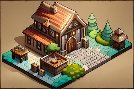 illustration of isometric country house in isometric view on backgroundの素材