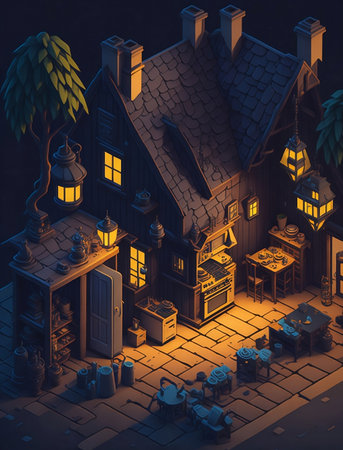 Illustration of a small town in the middle of the night.の素材