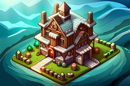 Cottage in the mountains. Cartoon style. Vector illustration for your designの素材