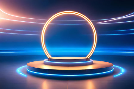 Abstract dark blue background with round podium and neon lights. 3d renderの素材