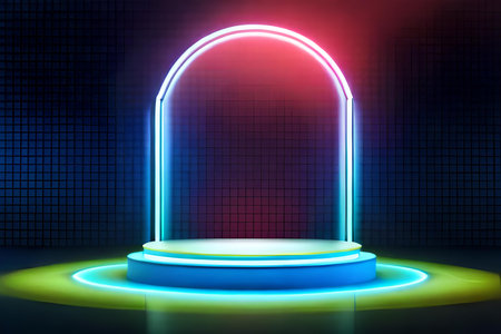 Neon round podium illuminated with blue neon light. Vector illustration.の素材