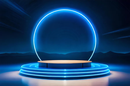 Abstract round podium illuminated with blue neon lights on dark background. Mock up, 3D Renderingの素材