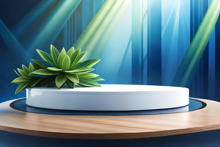 Round podium on stage with green plants. 3d render illustration.の素材