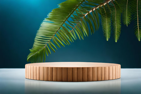3d render of podium for product display with palm leaves on backgroundの素材