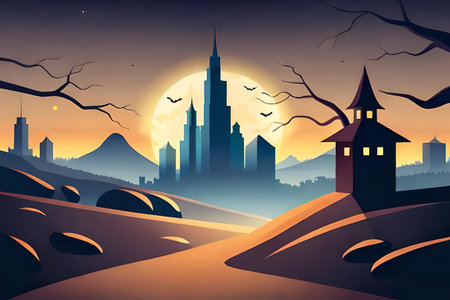 Halloween background with castle in the forest and full moon vector illustrationの素材