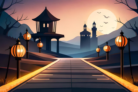 illustration of a halloween background with lanterns and castleの素材