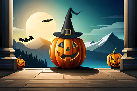Halloween pumpkin with witch hat on the porch. Vector illustration.の素材