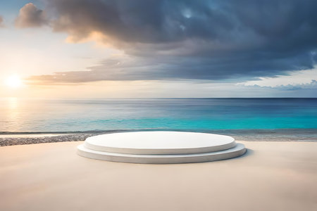 White podium on the beach with sea and sky background. 3d renderの素材
