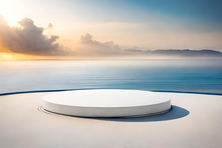White round podium on the background of the sea and sky with cloudsの素材