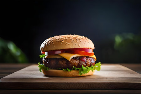 Cheeseburger on a wooden board, on a dark backgroundの素材