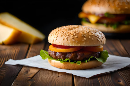 Hamburger with cheese on a dark wooden background. Selective focus.の素材