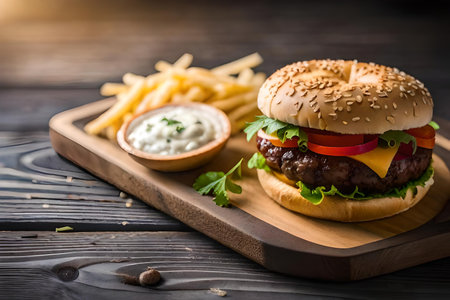 Cheese burger - American cheese burger with Golden French fries on wooden backgroundの素材
