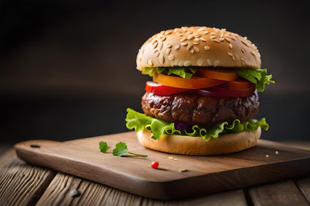 Hamburger with beef and vegetables on a wooden board. Dark background.の素材