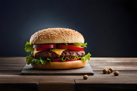 Delicious hamburger on wooden table against dark background, closeupの素材