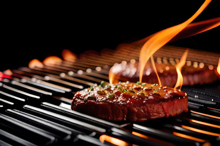 Steak on a barbecue grill with flames on a black background.の素材