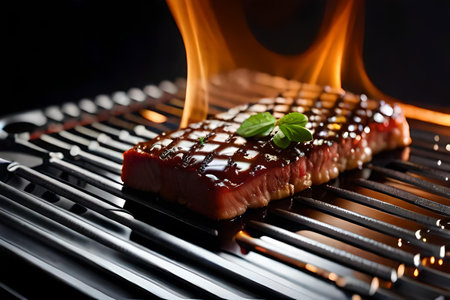 Grilled beef steak on a grill with flames in the background.の素材