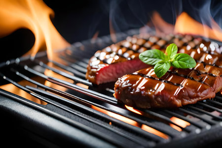 Grilled beef steak on a barbecue grill with flames on the backgroundの素材