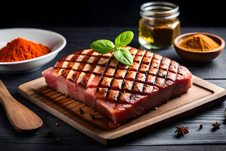 Grilled tuna steak with spices and herbs on a black wooden backgroundの素材