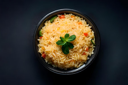 Rice with vegetables in a black bowl on a black background.の素材