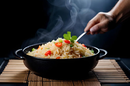 Rice with vegetables in a black bowl on a black background.の素材