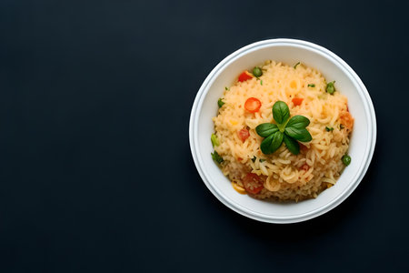 Fried rice with vegetables and herbs in white bowl on black backgroundの素材