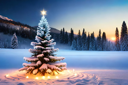 Frozen winter forest with snow covered fir trees and glowing lights.の素材