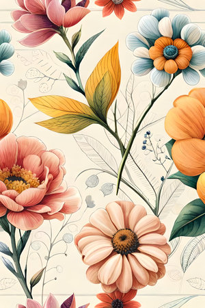 Seamless floral pattern with colorful flowers. Hand-drawn illustration.の素材