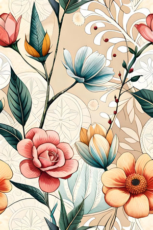 Seamless pattern with flowers and leaves on beige background.の素材
