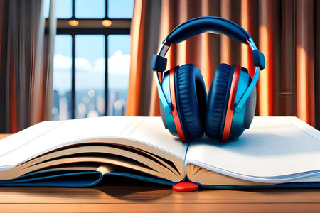 Open book with headphones on wooden table in front of window. 3D renderingの素材