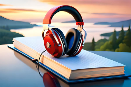 Headphones and book on the table at sunset. 3d illustrationの素材