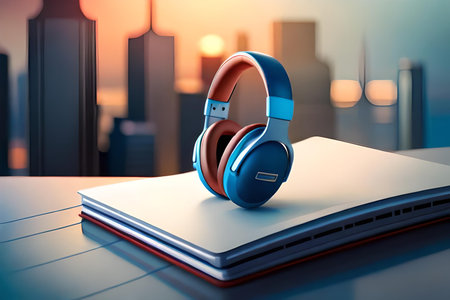 Headphones on a book. 3d render concept of listening to musicの素材