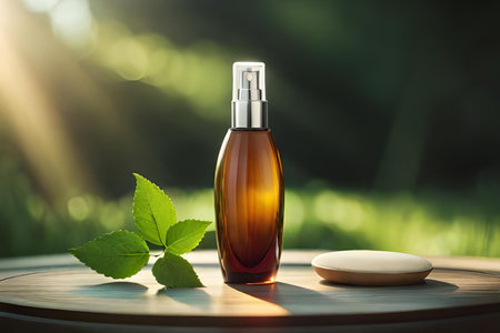 Cosmetic bottle with green leaves on wooden table in sunlight. Natural cosmetics conceptの素材