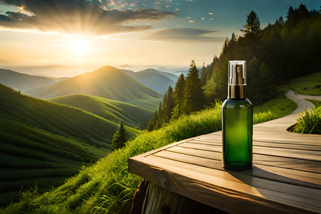 Cosmetic bottle on a wooden table in the mountains with sunrise backgroundの素材