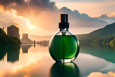 Perfume bottle on the background of mountains and lake. 3d renderの素材