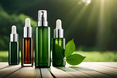 Cosmetic bottles with green leaves on wooden table outdoors, closeupの素材