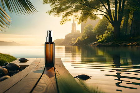 Cosmetic bottle on wooden deck with sunrise in the background. Beauty and spa concept.の素材