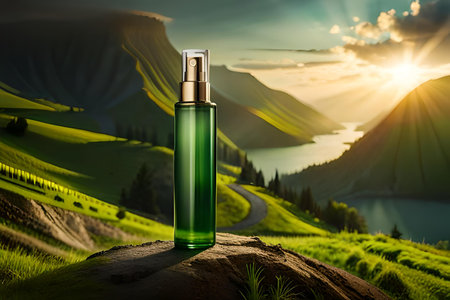 Cosmetic bottle with sunrise and mountain landscape background. 3d renderingの素材